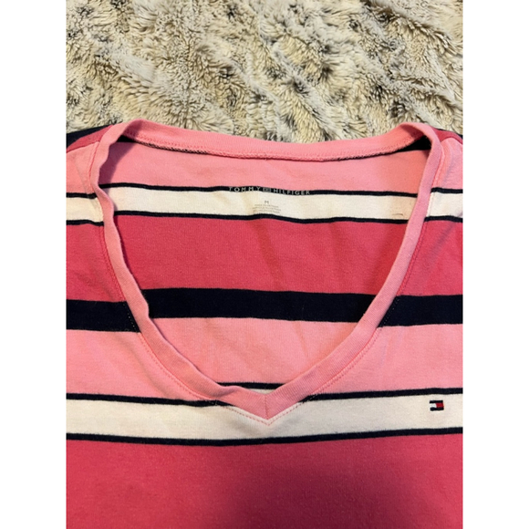 Vintage Tommy Hilfiger Y2K Striped V-Neck T-Shirt Womens Size M Pink Navy EUC - Picture 6 of 14